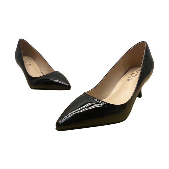 YDN Women’s Black Patent Faux Leather Pointed Toe Kitten Heel Pumps Size 7 - New - Picture 1 of 9